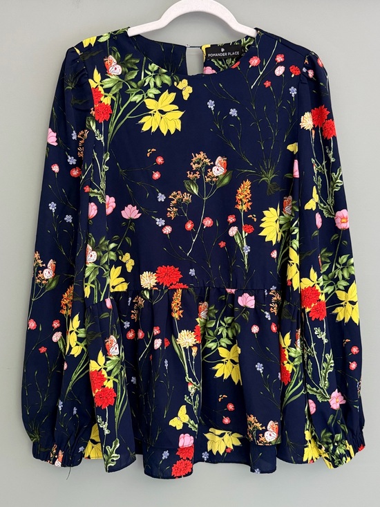 Pomander Place Tops - Pomander Place "Carlota" Navy Blue Wildflowers Long Sleeve Peplum Blouse